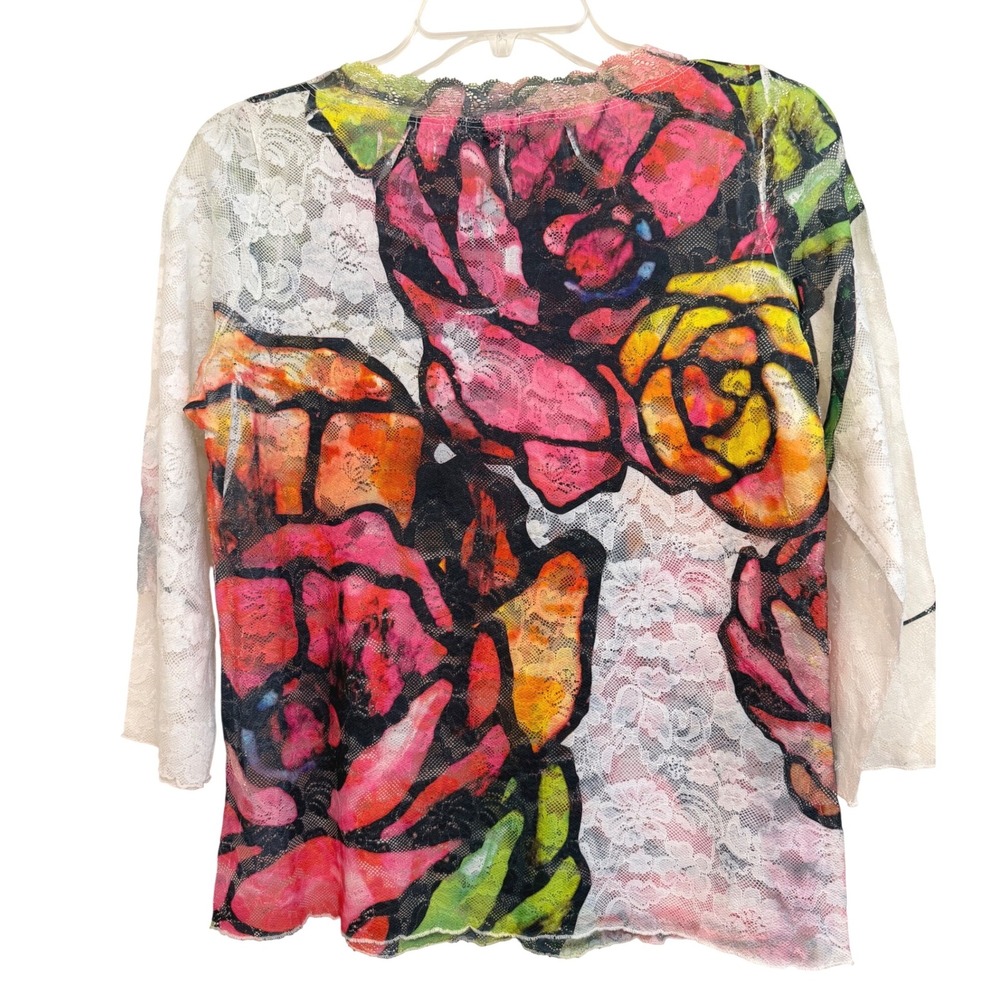 David Cline W Stained Glass Floral Lace 3/4 Sleeve Top Multi Color Rose Print PM - Picture 3 of 8